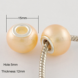 Spray Painted Glass European Beads, with Brass Silver Cores, Large Hole Beads, Rondelle, Silver, Bisque, 15x12mm, Hole: 5mm