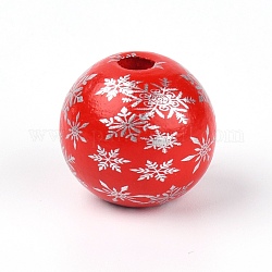 Perline di legno naturale, rotondo con fiocco di neve, tema natale, rosso, 1.6x1.5cm, Foro: 3.5 mm
