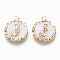 Brass Micro Pave Cubic Zirconia Pendants, with Shell, Flat Round with Letter, Nickel Free, Clear, Creamy White, Real 18K Gold Plated, Letter.J, 17x14x4mm, Hole: 1.8mm