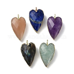 Pendentifs en pierres gemmes mélangées, breloques en coeur à facettes, avec boucles de bord en laiton plaqué or, 22.5x13x7.5mm, Trou: 3mm