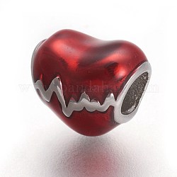 Perles européennes en 304 acier inoxydable, avec l'émail, Perles avec un grand trou   , battement de coeur, couleur inoxydable, rouge, 10x12x9mm, Trou: 4.5mm
