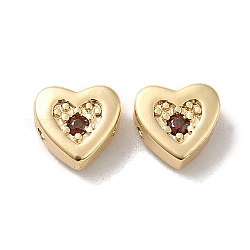 Perle in ottone placcato oro 18k reale, con vetro, cuore, marrone noce di cocco, 7x7.5x3.5mm, Foro: 1 mm