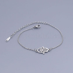201 Stainless Steel Link Bracelets, with Lobster Claw Clasps, Hamsa Hand, Stainless Steel Color, 6-7/8 inch(17.5~17.6cm)