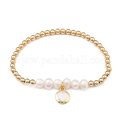 Strecken Charme Armbänder, mit natürlichen Perlen Perlen Messing Perlen und Messing Emaille Charms, flach rund mit Herz, golden, 2-1/8 Zoll (5.3 cm)