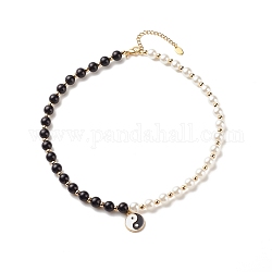Ожерелье из сплава eaneml yin yang charm с пластиковым искусственным жемчугом из бисера для женщин, черно-белые, 16.38 дюйм (41.6 см)