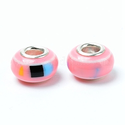 Perles européennes en plastique, Perles avec un grand trou   , avec double noyau en alliage de zinc platine, rondelle, rose, 14x9mm, Trou: 5mm