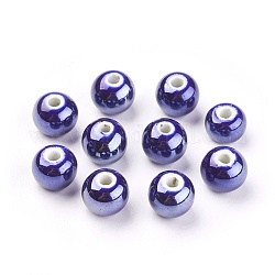 Handmade Porcelain Beads, Pearlized, Round, Dark Blue, 10mm, Hole: 2~3mm