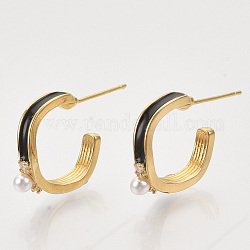 Brass Micro Pave Cubic Zirconia Stud Earrings, with Enamel, ABS Plastic Imitation Pearl, Nickel Free, Real 18K Gold Plated, Black, 17x3.5x18mm, Pin: 0.7mm