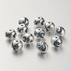 K9 perles de verre, recouvert de laiton, ronde avec motif coeur, 925 argent sterling plaqué, bleu profond du ciel, 10.2x9.2mm, Trou: 1.5mm