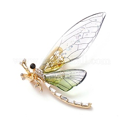 Broche en émail libellule, Broche en strass en alliage d'insectes exquis pour femme fille, or clair, lime green, 47x60x2mm, pin: 0.7 mm