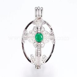 Brass Micro Pave Cubic Zirconia Locket Pendants, Cage Pendants, with Dyed Jade, Oval, Platinum, 38.5~39x21x24~25mm, Hole: 3x5mm, Inner Measure: 17.5x25mm