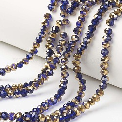Placcare trasparente perle di vetro fili, metà d'oro placcato, sfaccettato, rondelle, blu scuro, 6x5mm, Foro: 1 mm, circa 85~88pcs/filo, 16.1~16.5 pollice (41~42 cm)