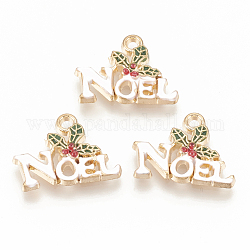 Alloy Enamel Pendants, Christmas Holly Leaves with Word Noel, Dark Olive Green, 14x19x3mm, Hole: 1.8mm