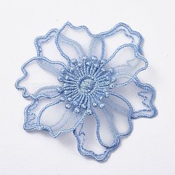 Accessori costume ricamato in pizzo, patch applique, decorazione artigianale di cucito, fiore, azzurro, 70x2mm