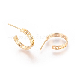 Brass Stud Earring Findings, Half Hoop Earrings, with Hole, Real 18K Gold Plated, 16x21x3mm, Hole: 1.5mm, Pin: 0.8mm