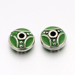 Antique Silver Tone Brass Enamel Beads, Flat Round, Cadmium Free & Lead Free, Lime Green, 10.5x6mm, Hole: 2mm