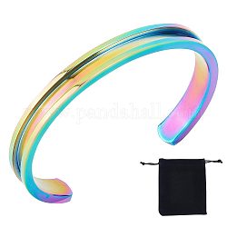 Unicraftale 1Pc 304 Stainless Steel Grooved Bangles, Cuff Bangle, for Gemstone, Leather Inlay Bangle Making, with 1Pc Velvet Pouch, Rainbow Color, 1/4 inch(0.75cm), Inner Diameter: 2-3/8 inch(6.1cm)