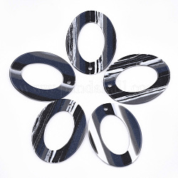 Colgantes de la resina, oval, patrón de la raya, negro, 38x29x1.5mm, agujero: 1.8 mm