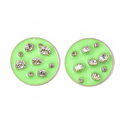Epoxy Resin Pendants, with Crystal Rhinestone and Light Gold Plated Brass Open Back Bezel, Flat Round, Lawn Green, 40x6.5mm, Hole: 1.5mm