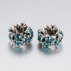Perle europee di strass in lega di stile tibetano, perline con foro grande, fiore, argento antico, azzurro, 12x8mm, Foro: 5 mm
