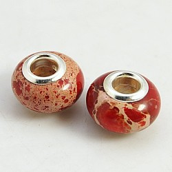 Perles européennes synthétiques regalite, avec noyau simple en laiton plaqué couleur argent, rondelle, rouge, 14x9mm, Trou: 5mm