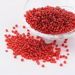 8/0 Perlas de semillas de vidrio, plata forrada agujero redondo, redondo, rojo, 3mm, agujero: 1 mm, aproximamente 1097 unidades / 50 g