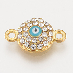 Alloy Rhinestone Links connectors, Cadmium Free & Lead Free, Flat Round with Evil Eye, Sky Blue, Golden, 17x10.5x4mm, Hole: 1.5mm
