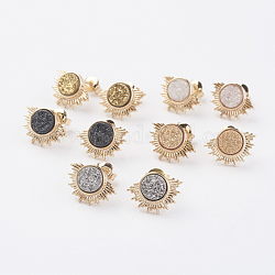Electroplate Natural Druzy Agate Stud Earrings, with Brass Findings, Sun, Golden, Mixed Color, 10x14x3~4mm, Pin: 0.8mm
