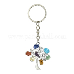 Alloy with Natural & Synthetic Mixed Gemstone Chip Pendant Keychain, with Iron Split Key Rings, Tree of Life, 9.6cm