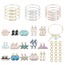 DIY Ocean Theme Bangle Making Kits, with Alloy Enamel Pendants and Adjustable Brass Expandable Bangle Makings, Mixed Color, 2-3/4 inch(70mm), 2mm, 12pcs/set