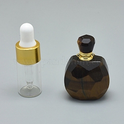 Pendentifs de bouteille de parfum ouvrable oeil de tigre naturel, avec des accessoires en laiton et des bouteilles d'huile essentielle en verre, 39~50x26~29x16~21mm, Trou: 1.2mm, capacité de la bouteille en verre : 3 ml (0.101 fl. oz), capacité de pierres précieuses: 1 ml (0.03 fl. oz)