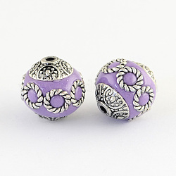 Round Handmade Indonesia Beads, with Alloy Cores, Antique Silver, Medium Purple, 14~15x15mm, Hole: 1.5mm
