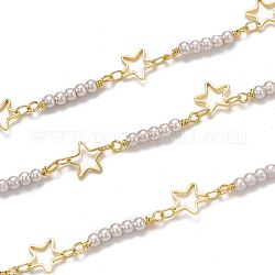 Cadenas de eslabones de latón hechos a mano, con perla acrílica de imitación y carrete, Plateado de larga duración, soldada, estrella, dorado, estrella: 8.1x8x0.9 mm, perla de acrílico: 20.9x3 mm