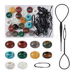 Fashewelry Plastic Hair Braiding Twist Styling Tool Set, with 20Pcs 10 Style Natural & Synthetic Gemstone Beads and 100Pcs Disposable Elastic Hair Rubber Bands, Beads: 13~14x7~8mm, Hole: 5mm, 2pcs/style