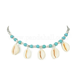 Collier plastron en coquillage naturel, avec des chaînes de perles synthétiques turquoise, platine, 17.09 pouce (43.4 cm)