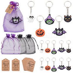 BENECREAT 1 Set Witch/Pumpkin/Ghost/Vampire/Bat PVC Plastic Pendant Keychain, with 18Pcs 2 Colors Organza Gift Bags, Paper Price Tags, for Halloween Party Gift, Mixed Color, 50~150x30~100x0.1mm