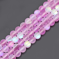 Chapelets de perles en pierre de lune synthétique, perles holographiques, teinte, mat, ronde, violette, 6~6.5x5.5~6x5.5~6mm, Trou: 1mm, Environ 64 pcs/chapelet, 15.56 pouce
