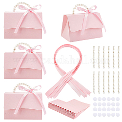 Faveurs de mariage boîte de bonbons ensemble de bricolage, dont 1 feuille de papier artisanal, 1pc ruban, 1 poignée perlée, 2 paires de boucles et crochets ronds, pour fabriquer une boîte d'emballage cadeau en papier en forme de sac à main, perle rose, 13x7.5x8.7 cm