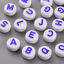 Perles acryliques blanches opaques, avec de la poudre de paillettes, trou horizontal, plat rond avec des lettres aléatoires, bleu, 10x6mm, Trou: 2mm, environ 951 pcs/305 g