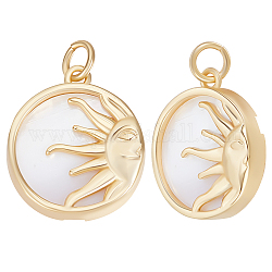 Beebeecraft 5Pcs Natural Shell Pendants, with Brass Findings & Jump Ring, Long-Lasting Plated, Flat Round with Sun Charm, Real 18K Gold Plated, 18x15.5x4mm, Jump Ring: 5x1mm, 3mm Inner Diameter