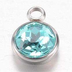 304 Stainless Steel Glass Rhinestone Charms, March Birthstone Charms, Faceted, Flat Round, Cyan, 14x10x7mm, Hole: 2.5mm
