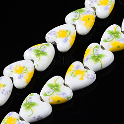 Handmade Porcelain Ceramic Beads Strands, Flower Printed, Heart, Yellow, 15x15x7mm, Hole: 3mm, about 23pcs/strand, 12.8 inches(32.5cm)