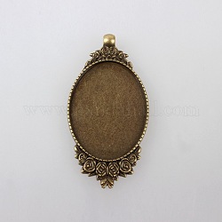Vintage Tibetan Style Alloy Carved Rose Large Pendant Cabochon Settings, Plain Edge Bezel Cups, Cadmium Free & Nickel Free & Lead Free, Antique Bronze, Oval Tray: 40x30mm, 63x32x2.5mm, Hole: 4mm, about 100~108pcs/1000g