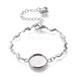 304 Stainless Steel Bracelet Making, with Lobster Claw Clasps, Link Chains and Flat Round Cabochon Settings, Stainless Steel Color, Tray: 12mm, 5-5/8 inch(14.3cm)