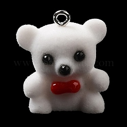 Flocky Resin Pendants, Bear Charms with Platinum Plated Iron Loops, White, 25x20x13.5mm, Hole: 2mm