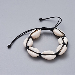 Natürliche Kaurimuschel geflochtene Perlen Armbänder, mit koreanischen gewachsten Polyester-Schnur, Schwarz, 2-1/4 Zoll ~ 3-3/4 Zoll (5.8~9.5 cm)