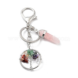 Porte-clés quartz rose naturel, avec porte-clés fendus en fer plaqué platine, arbre de vie avec balle, 10.2 cm