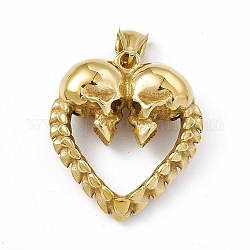 Placage ionique (ip) 304 pendentifs de polissage manuel en acier inoxydable, coeur avec breloque tête de mort, Or antique, 36.5x32x12.5mm, Trou: 7x4mm