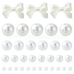 5 perline acriliche stile perla imitazione, rotondo e bowknot, bianco, 3~24x3~33x3~9.5mm, Foro: 1~2 mm