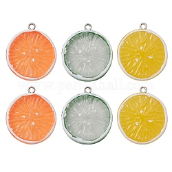 6 pièces 3 couleurs pendentifs de fruits en résine ronde plate, breloques oranges, avec boucles en fer couleur platine, couleur mixte, 30x26.5x5.5mm, Trou: 2mm, 2 pcs / couleur